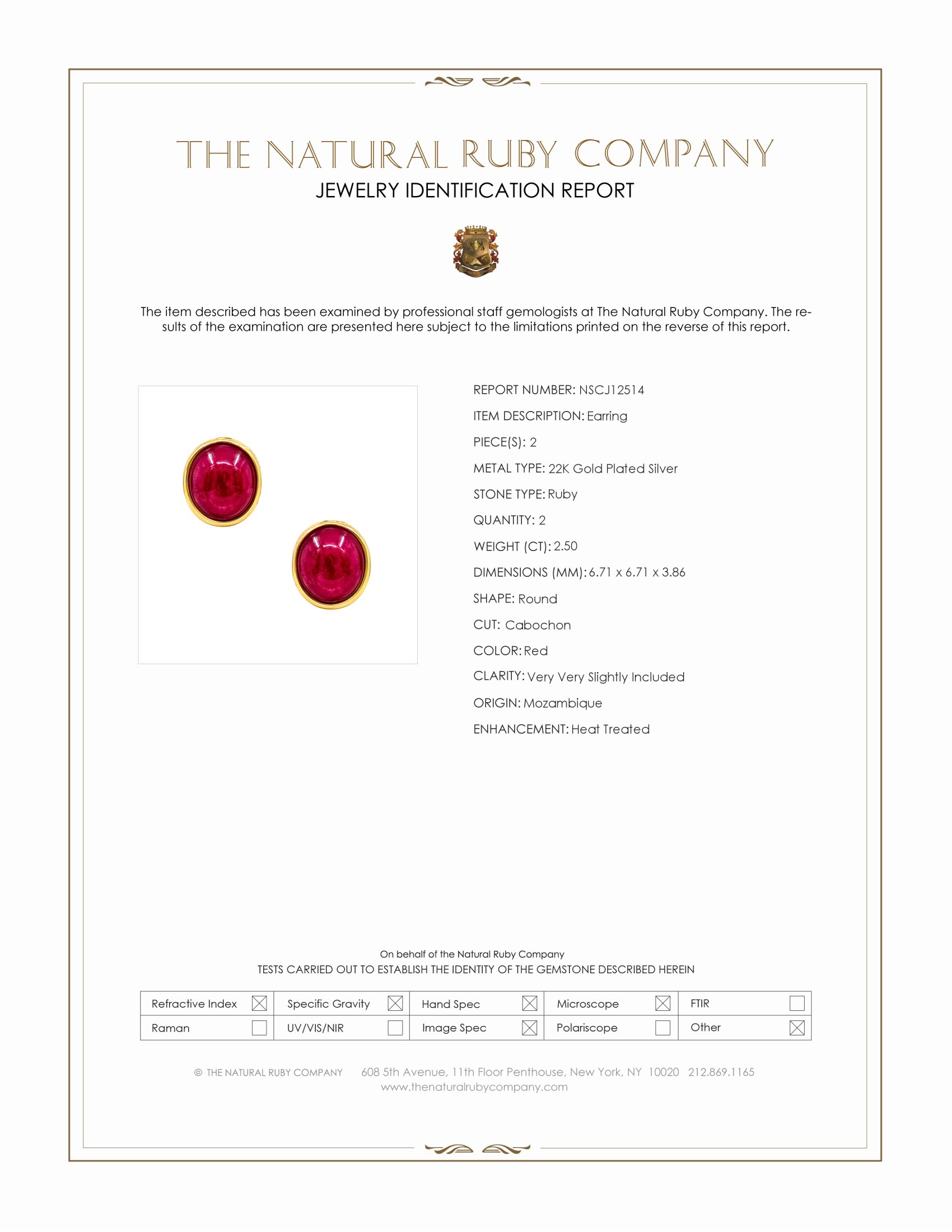 2.50 Ct.Tw. Ruby Studs Earrings, 22K Gold Plated Silver