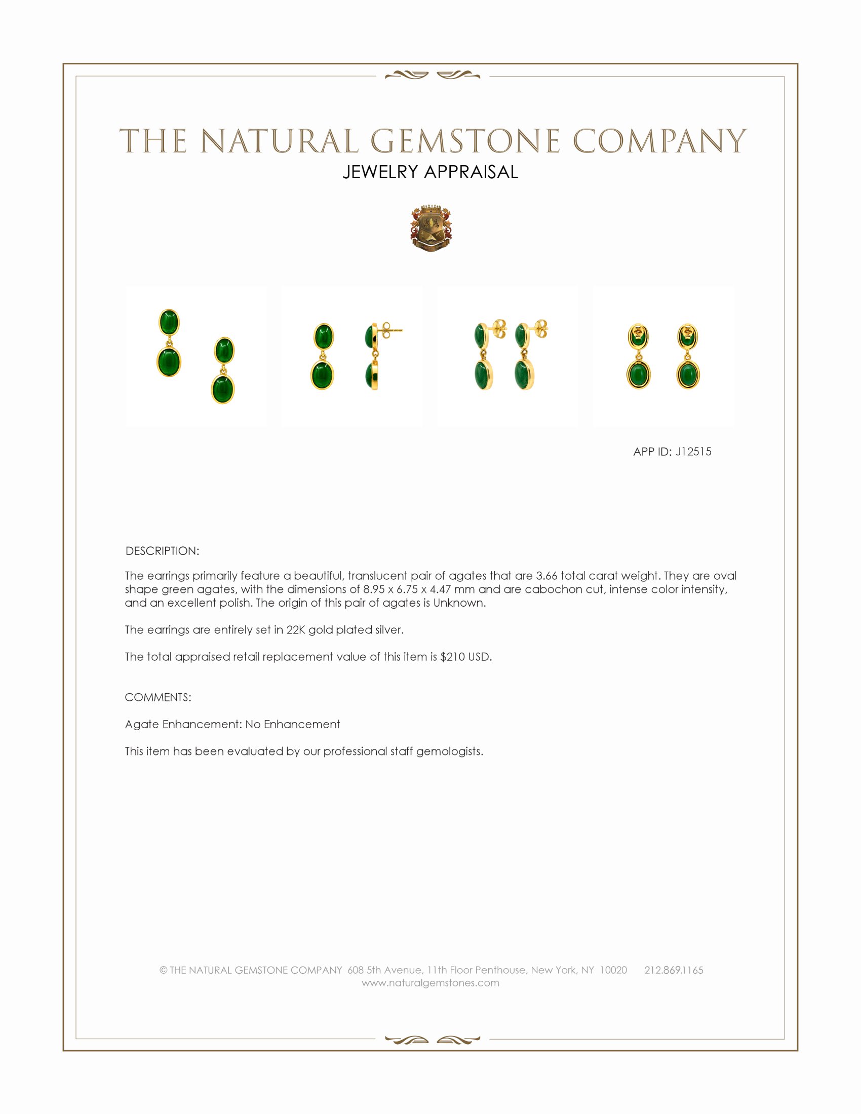 9.86 Ct.Tw. Green Agate Studs Earrings, 22K Gold Plated Silver