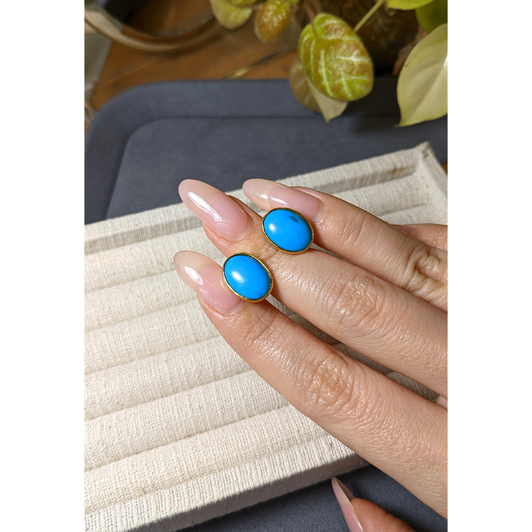 3.82 Ct.Tw. Blue Turquoise Studs Earrings, 22K Gold Plated Silver