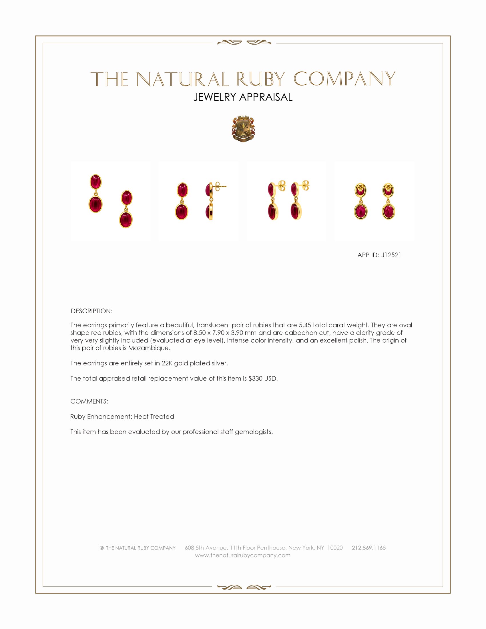 13.66 Ct.Tw. Ruby Studs Earrings, 22K Gold Plated Silver