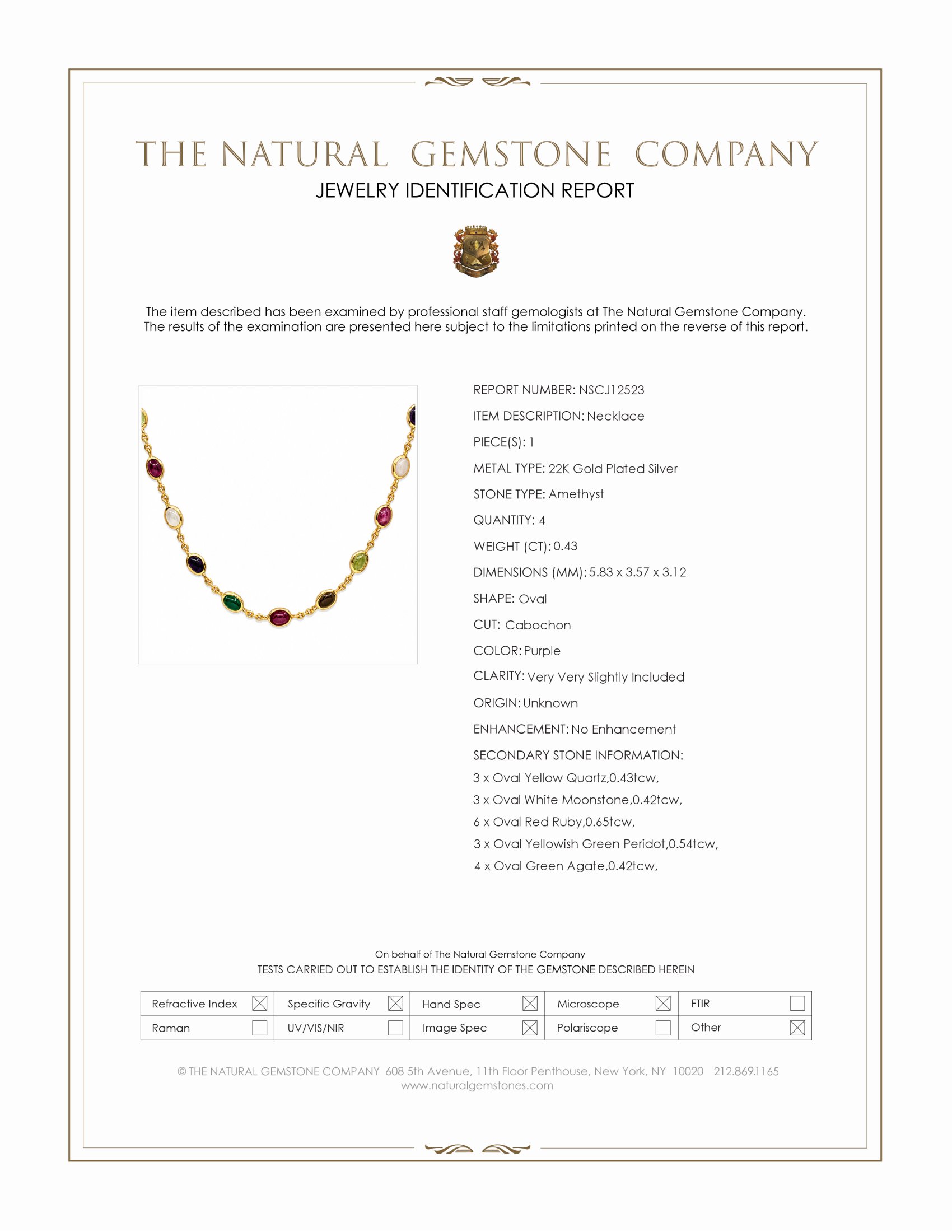 2.47 Ct.Tw. Ruby, Peridot, Amethyst, Quartz, Moonstone and Agate Bezel Necklace, 22K Gold Plated Silver