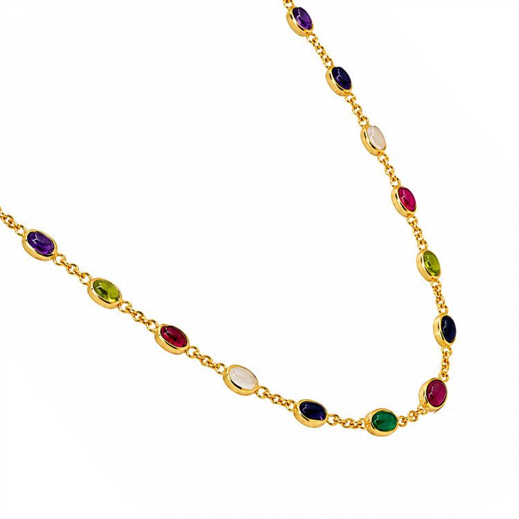 2.47 Ct.Tw. Ruby, Peridot, Amethyst, Quartz, Moonstone and Agate Bezel Necklace, 22K Gold Plated Silver