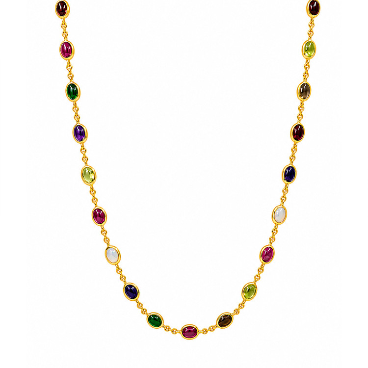 2.47 Ct.Tw. Ruby, Peridot, Amethyst, Quartz, Moonstone and Agate Bezel Necklace, 22K Gold Plated Silver