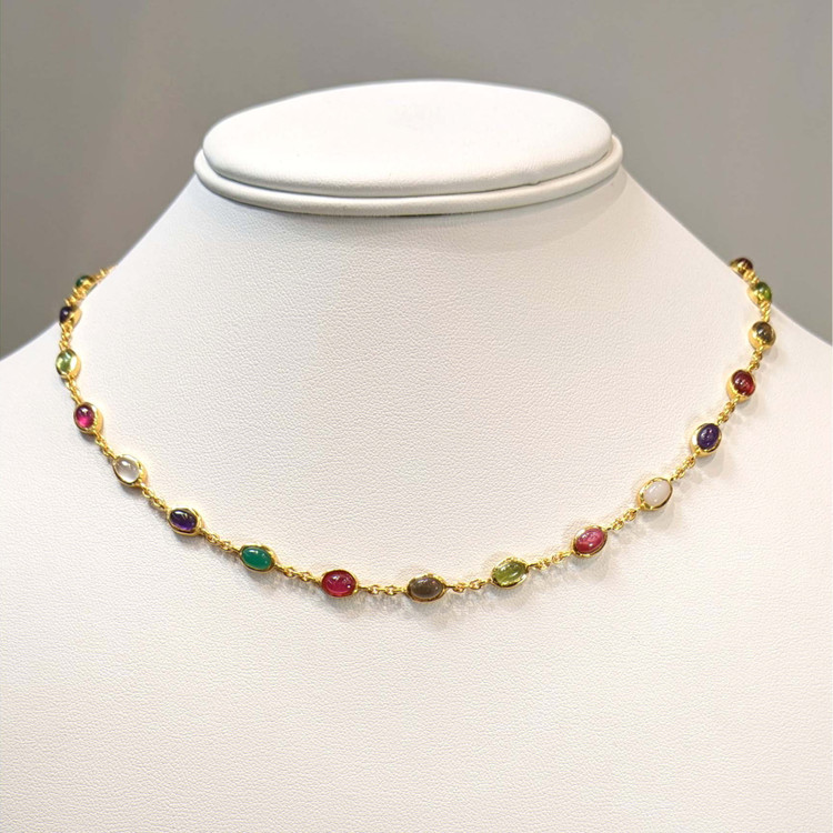 2.47 Ct.Tw. Ruby, Peridot, Amethyst, Quartz, Moonstone and Agate Bezel Necklace, 22K Gold Plated Silver