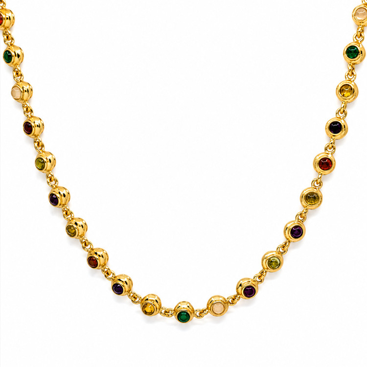 7.75 Ct.Tw. Ruby, Garnet, Peridot, Amethyst, Citrine, Agate, Quartz, Carnelian and Moonstone Multi Stone Necklace, 22K Gold Plated Silver