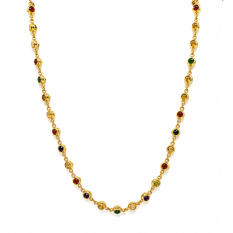 7.75 Ct.Tw. Ruby, Garnet, Peridot, Amethyst, Citrine, Agate, Quartz, Carnelian and Moonstone Multi Stone Necklace, 22K Gold Plated Silver
