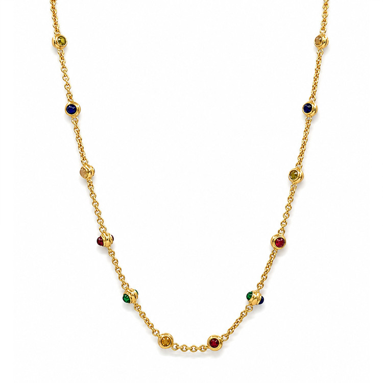 3.93 Ct.Tw. Ruby, Citrine, Garnet, Peridot, Lapis, Amethyst, Carnelian, Agate and Moonstone Multi Stone Necklace, 22K Gold Plated Silver