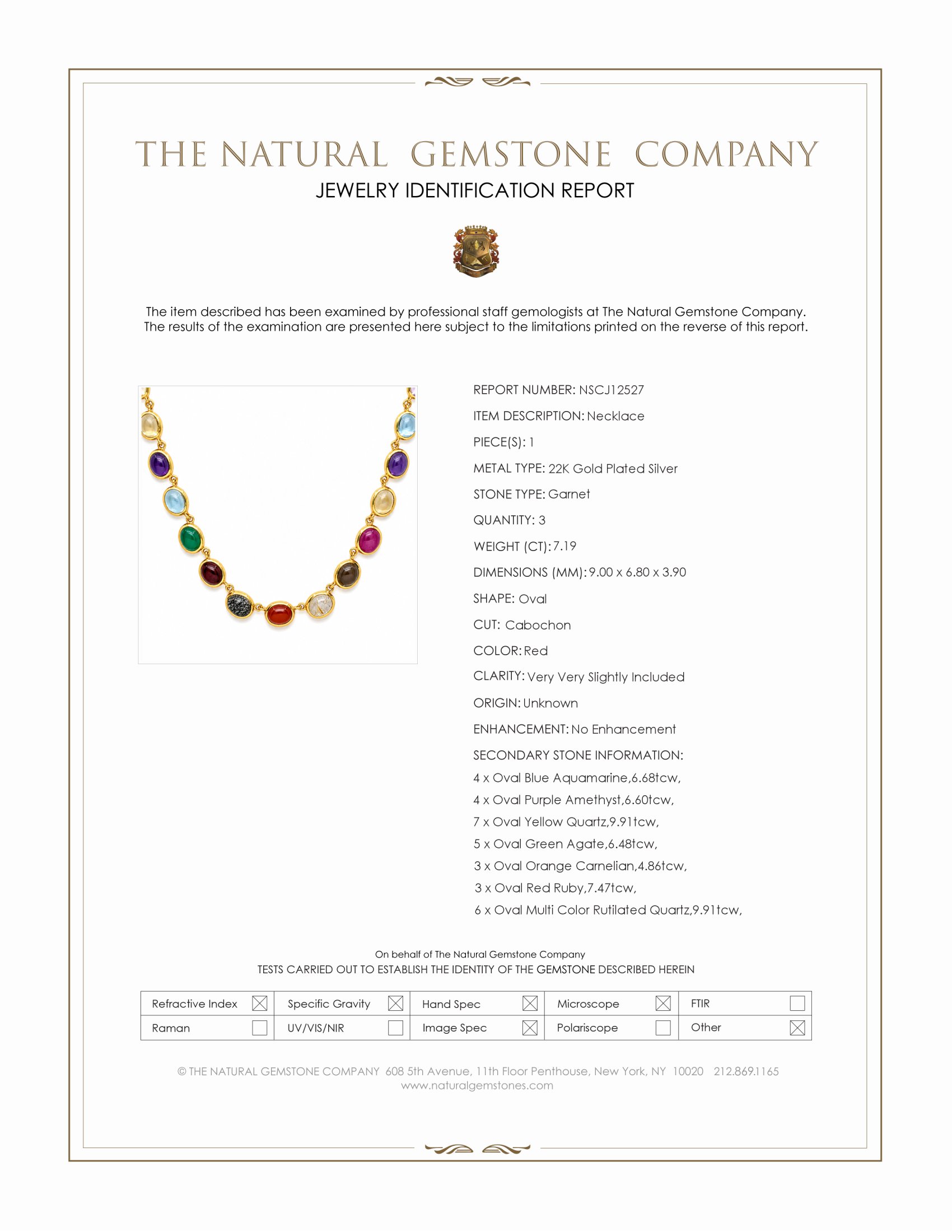 59.10 Ct.Tw. Rutilated Quartz, Quartz, Ruby, Garnet, Aquamarine, Amethyst, Agate and Carnelian Multi Stone Necklace, 22K Gold Plated Silver