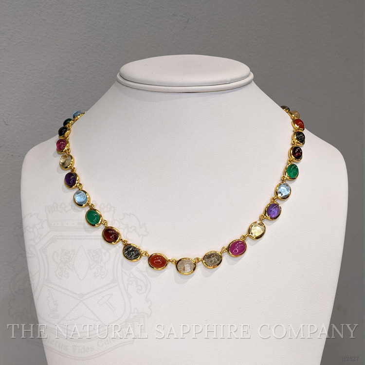 59.10 Ct.Tw. Rutilated Quartz, Quartz, Ruby, Garnet, Aquamarine, Amethyst, Agate and Carnelian Multi Stone Necklace, 22K Gold Plated Silver