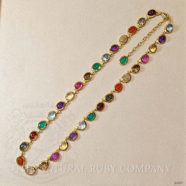 59.10 Ct.Tw. Rutilated Quartz, Quartz, Ruby, Garnet, Aquamarine, Amethyst, Agate and Carnelian Multi Stone Necklace, 22K Gold Plated Silver