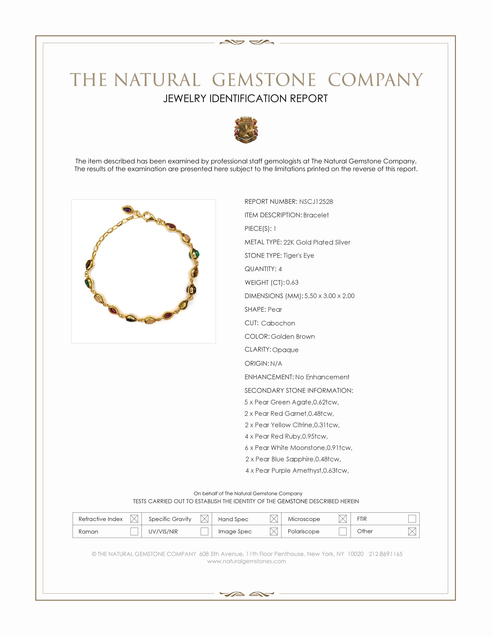 4.38 Ct.Tw. Ruby, Moonstone, Tiger's Eye, Agate, Sapphire, Garnet, Citrine and Amethyst Bezel Bracelet, 22K Gold Plated Silver