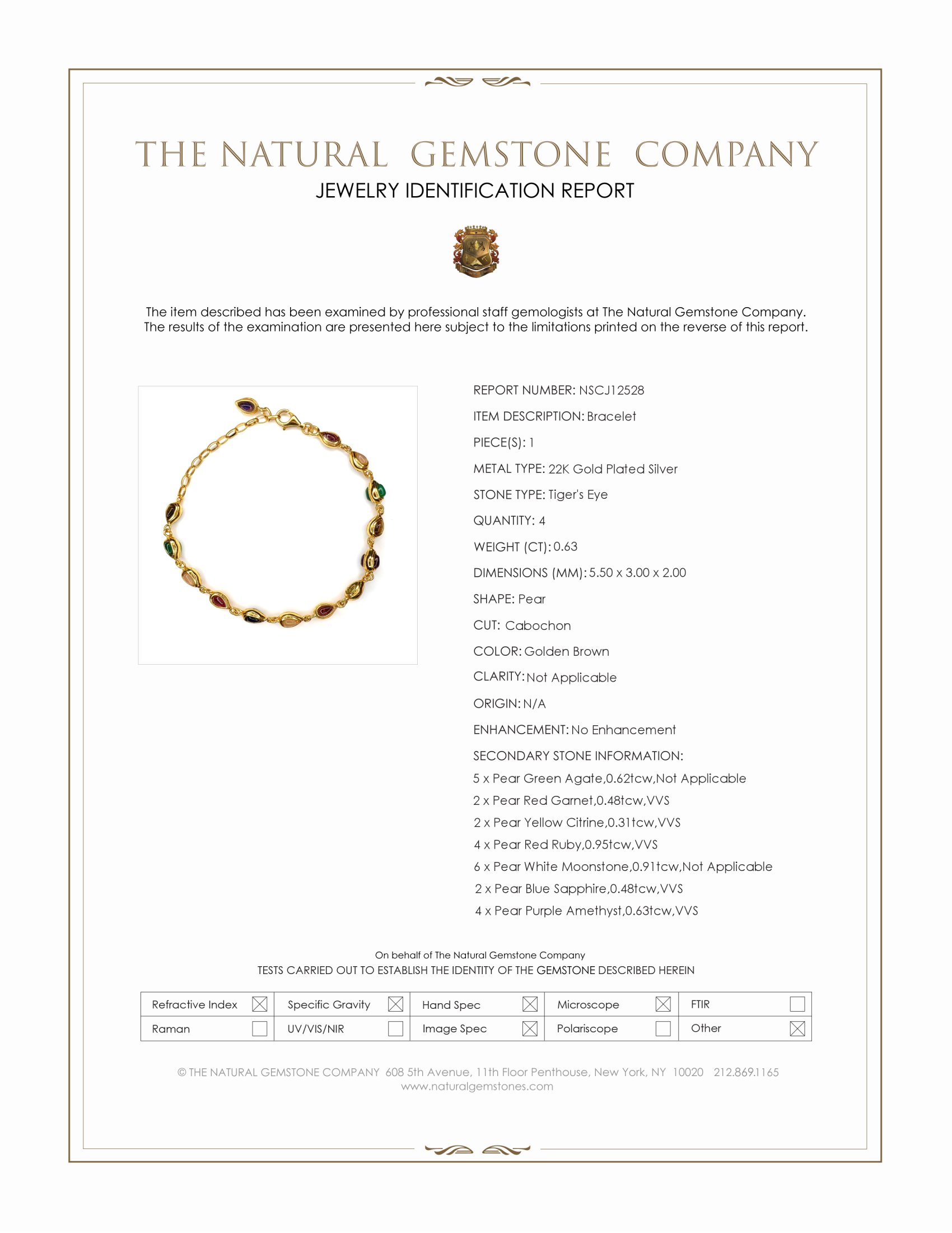 4.38 Ct.Tw. Ruby, Moonstone, Tiger's Eye, Agate, Sapphire, Garnet, Citrine and Amethyst Bezel Bracelet, 22K Gold Plated Silver