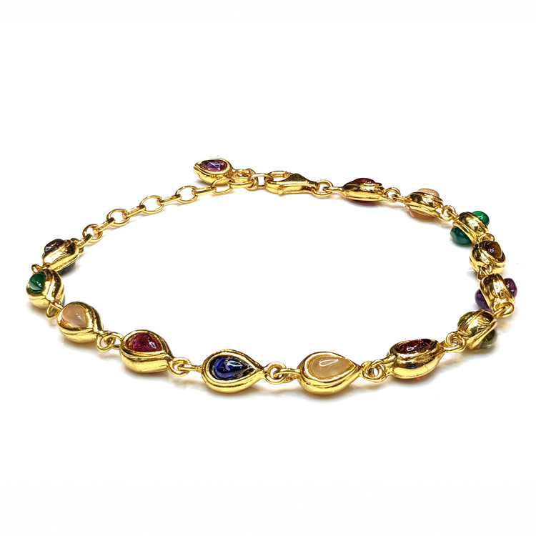 4.38 Ct.Tw. Ruby, Moonstone, Tiger's Eye, Agate, Sapphire, Garnet, Citrine and Amethyst Bezel Bracelet, 22K Gold Plated Silver