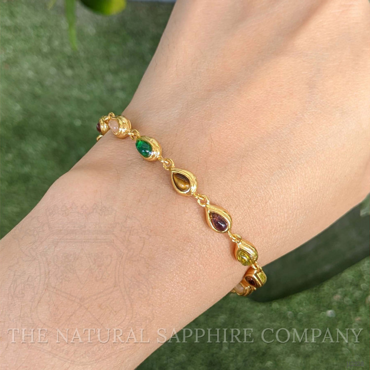 4.38 Ct.Tw. Ruby, Moonstone, Tiger's Eye, Agate, Sapphire, Garnet, Citrine and Amethyst Bezel Bracelet, 22K Gold Plated Silver
