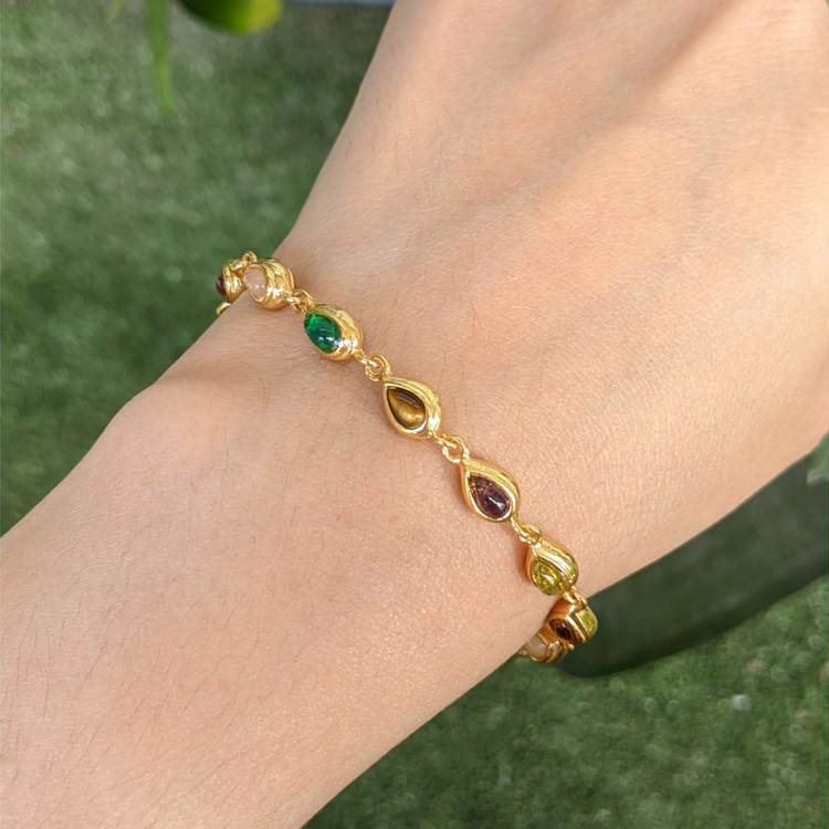 4.38 Ct.Tw. Ruby, Moonstone, Tiger's Eye, Agate, Sapphire, Garnet, Citrine and Amethyst Bezel Bracelet, 22K Gold Plated Silver