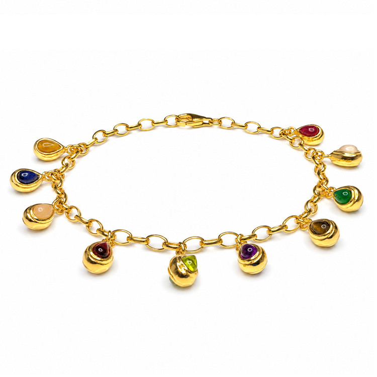 3.38 Ct.Tw. Tiger's Eye, Moonstone, Ruby, Sapphire, Garnet, Peridot and Amethyst Bezel Bracelet, 22K Gold Plated Silver