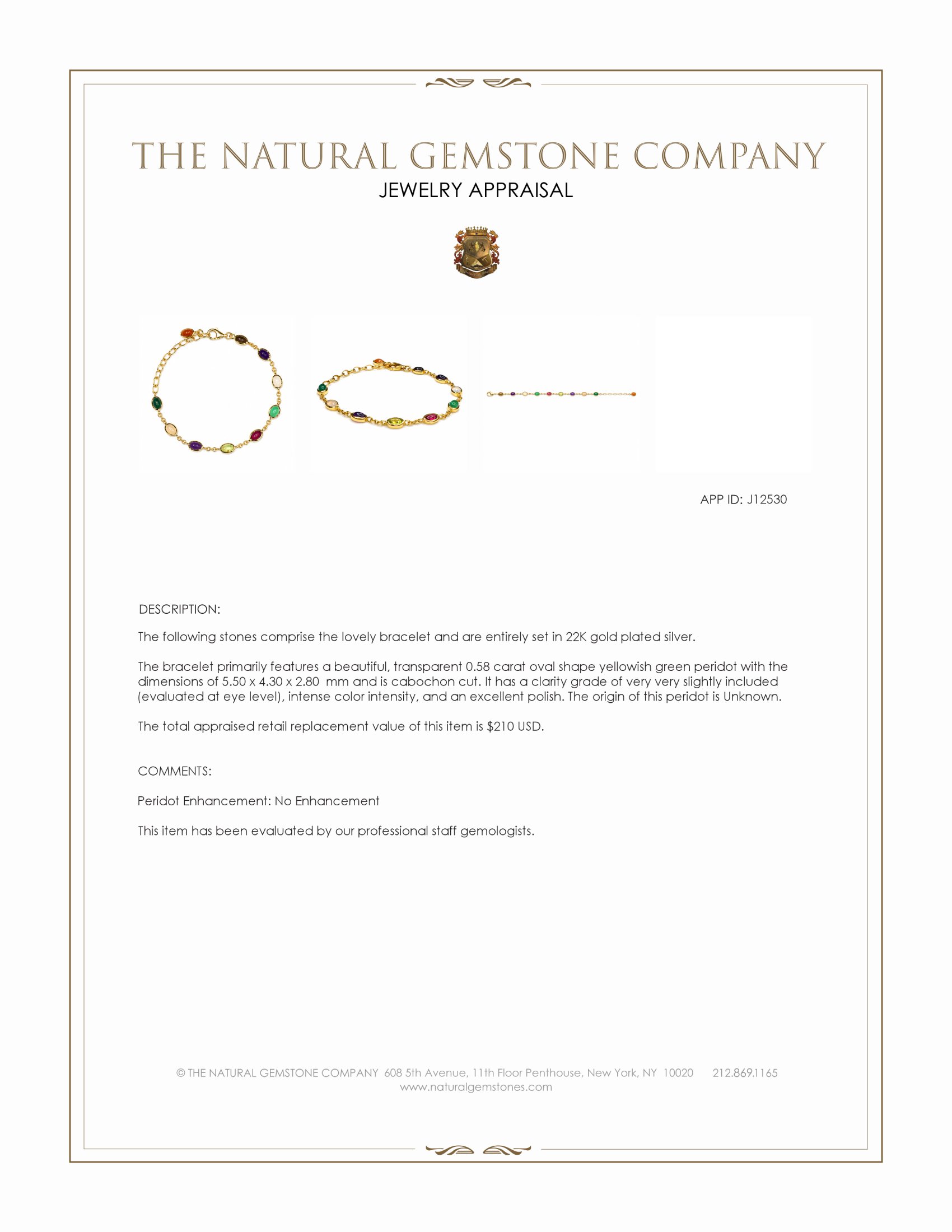 4.87 Ct.Tw. Amethyst, Agate, Moonstone, Ruby, Peridot, Citrine and Carnelian Bezel Bracelet, 22K Gold Plated Silver