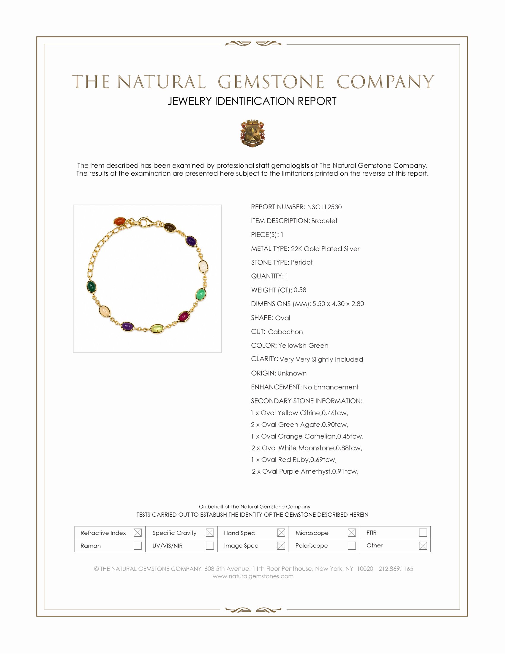 4.87 Ct.Tw. Amethyst, Agate, Moonstone, Ruby, Peridot, Citrine and Carnelian Bezel Bracelet, 22K Gold Plated Silver