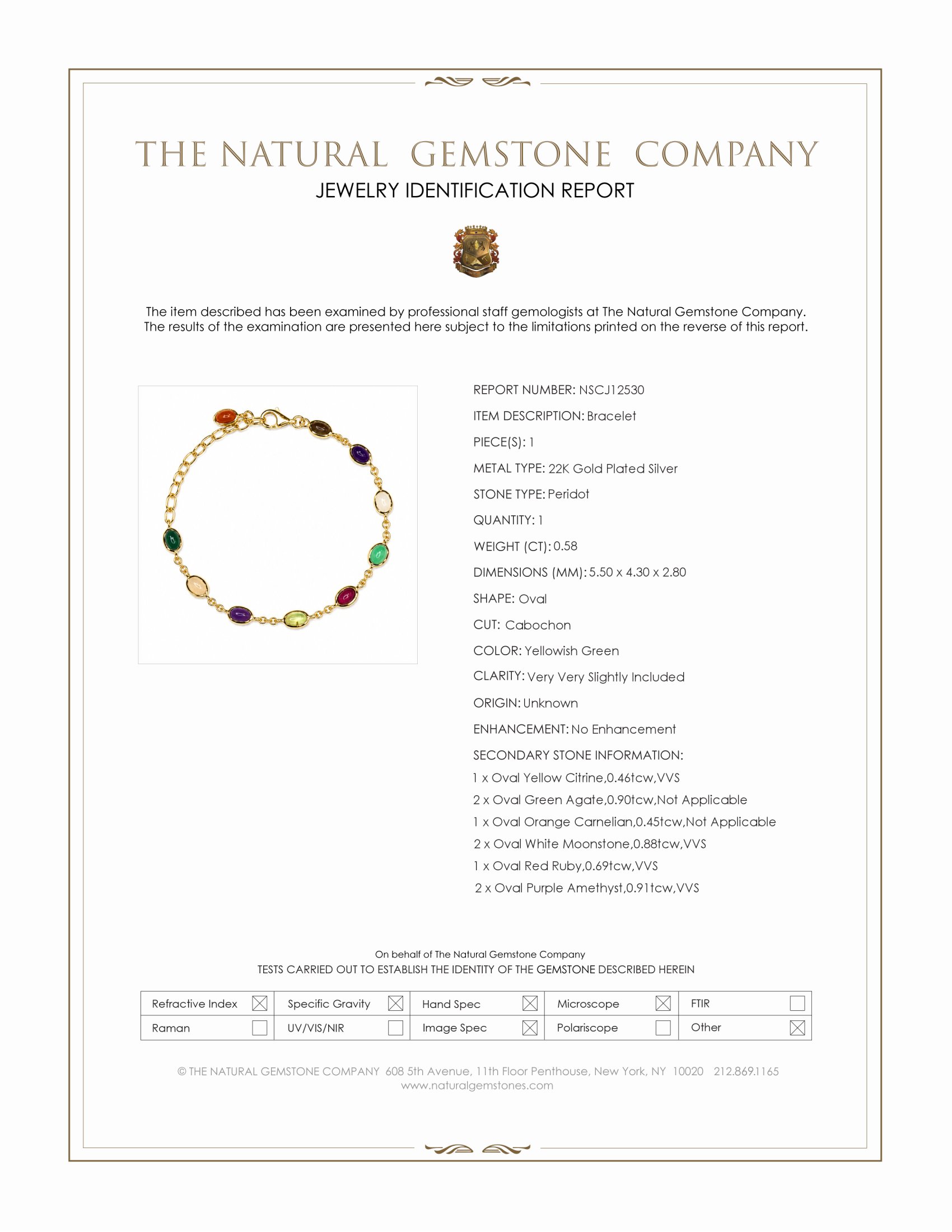 4.87 Ct.Tw. Amethyst, Agate, Moonstone, Ruby, Peridot, Citrine and Carnelian Bezel Bracelet, 22K Gold Plated Silver