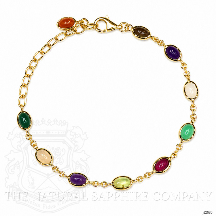 4.87 Ct.Tw. Amethyst, Agate, Moonstone, Ruby, Peridot, Citrine and Carnelian Bezel Bracelet, 22K Gold Plated Silver