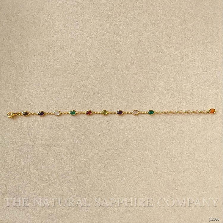 4.87 Ct.Tw. Amethyst, Agate, Moonstone, Ruby, Peridot, Citrine and Carnelian Bezel Bracelet, 22K Gold Plated Silver