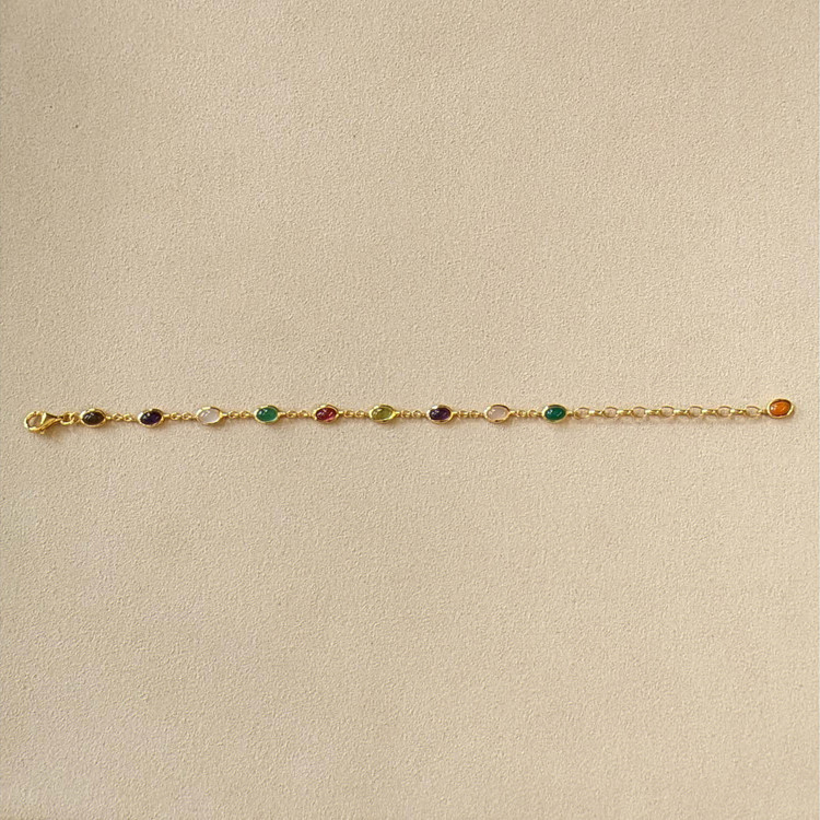 4.87 Ct.Tw. Amethyst, Agate, Moonstone, Ruby, Peridot, Citrine and Carnelian Bezel Bracelet, 22K Gold Plated Silver