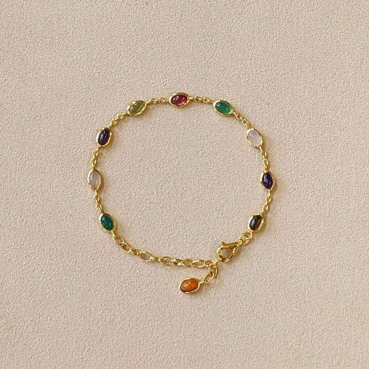 4.87 Ct.Tw. Amethyst, Agate, Moonstone, Ruby, Peridot, Citrine and Carnelian Bezel Bracelet, 22K Gold Plated Silver