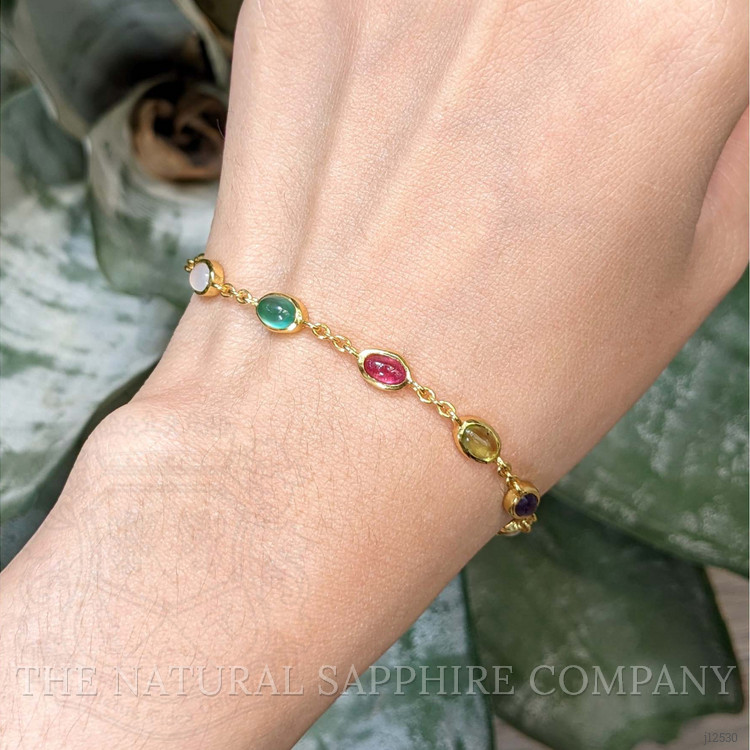 4.87 Ct.Tw. Amethyst, Agate, Moonstone, Ruby, Peridot, Citrine and Carnelian Bezel Bracelet, 22K Gold Plated Silver