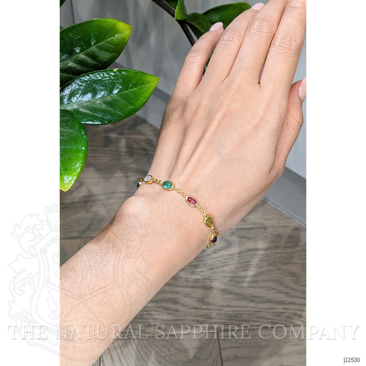 4.87 Ct.Tw. Amethyst, Agate, Moonstone, Ruby, Peridot, Citrine and Carnelian Bezel Bracelet, 22K Gold Plated Silver