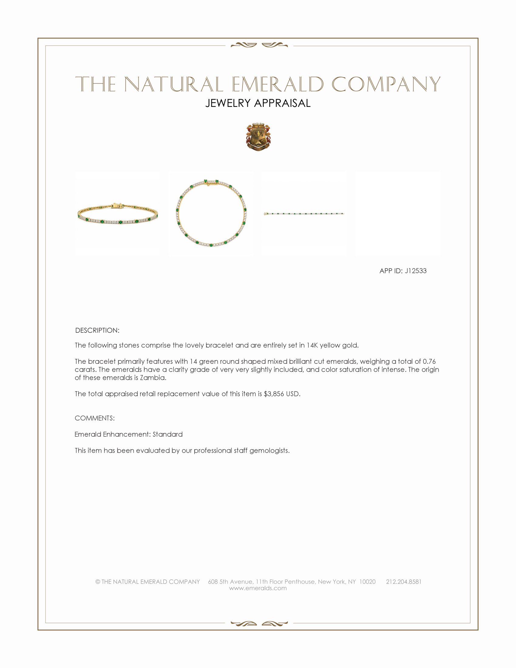 2.37 Ct.Tw. Natural Diamond and Emerald Tennis/Line Bracelet, 14K Yellow Gold