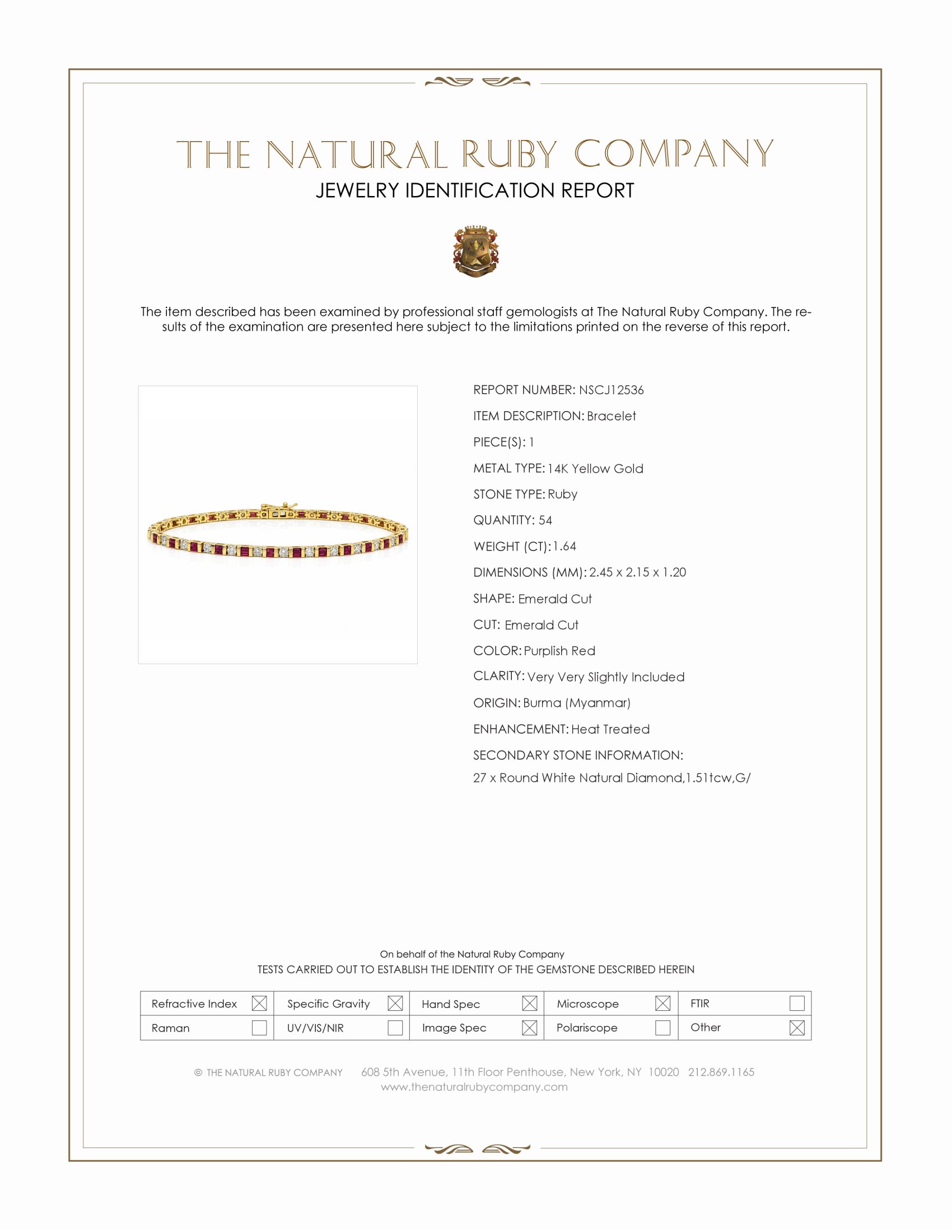 3.15 Ct.Tw. Purplish Red Ruby and Natural Diamond Tennis/Line Bracelet, 14K Yellow Gold
