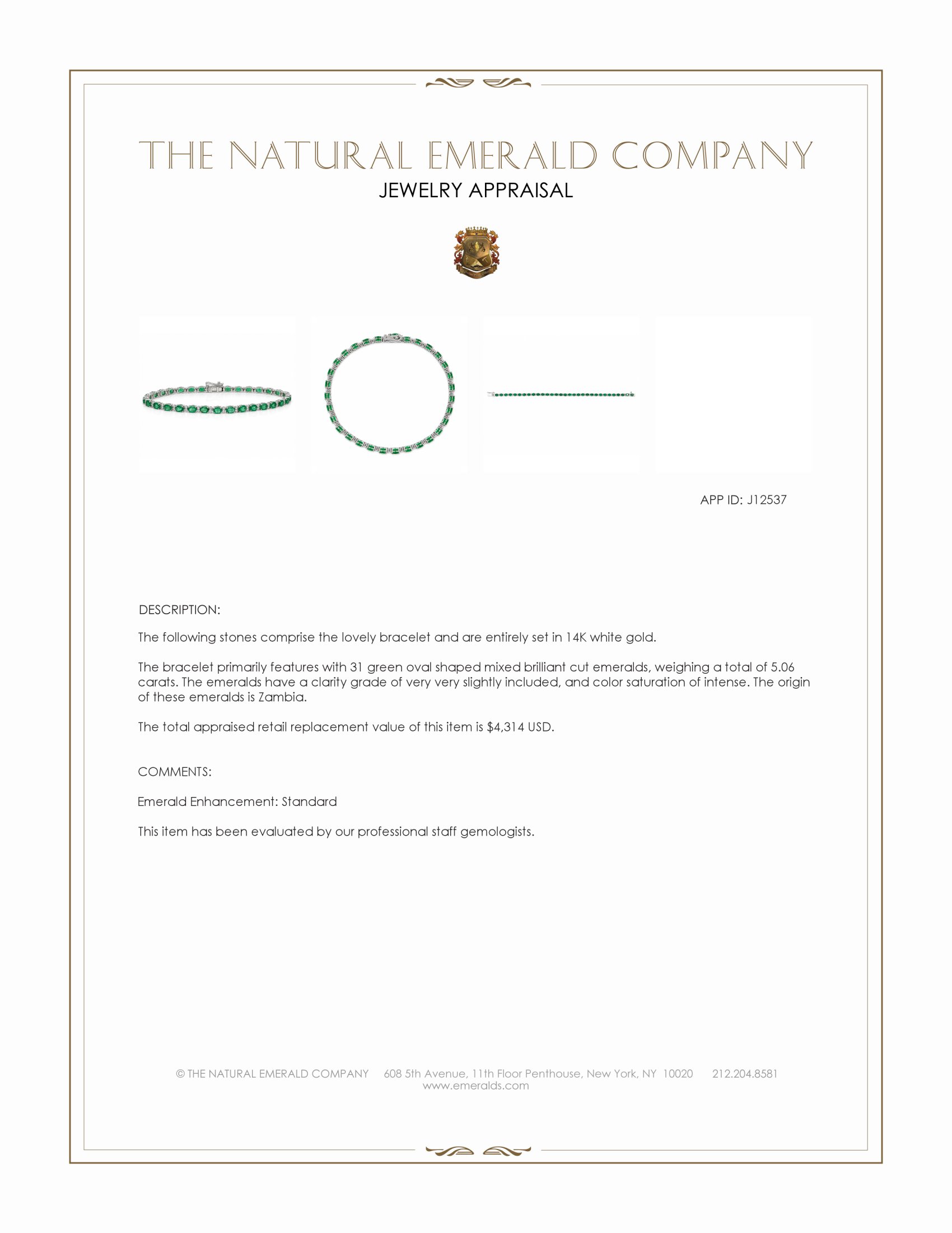 5.37 Ct.Tw. Emerald and Natural Diamond Tennis/Line Bracelet, 14K White Gold