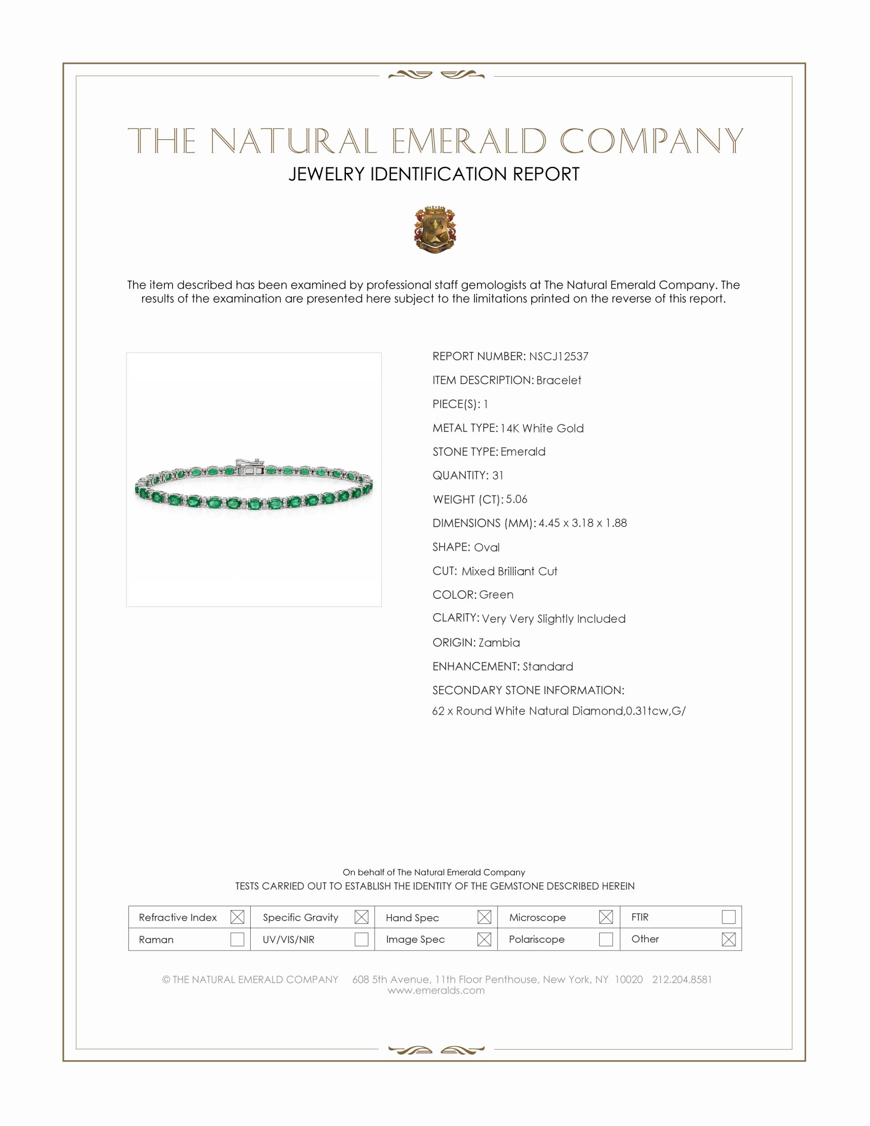 5.37 Ct.Tw. Emerald and Natural Diamond Tennis/Line Bracelet, 14K White Gold