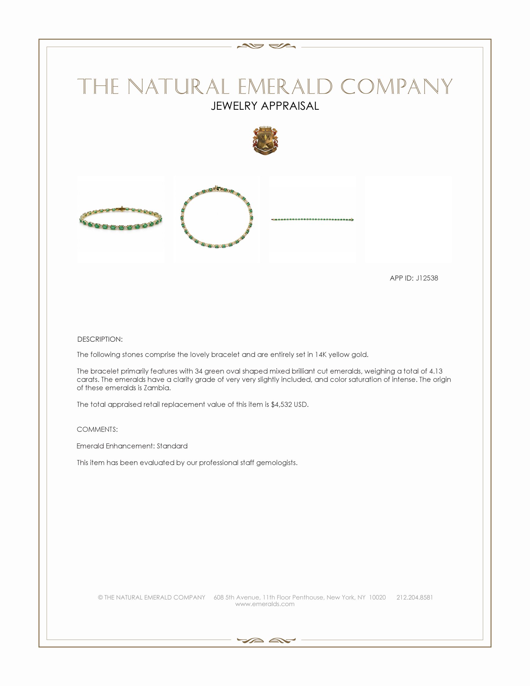 4.83 Ct.Tw. Emerald and Natural Diamond Tennis/Line Bracelet, 14K Yellow Gold