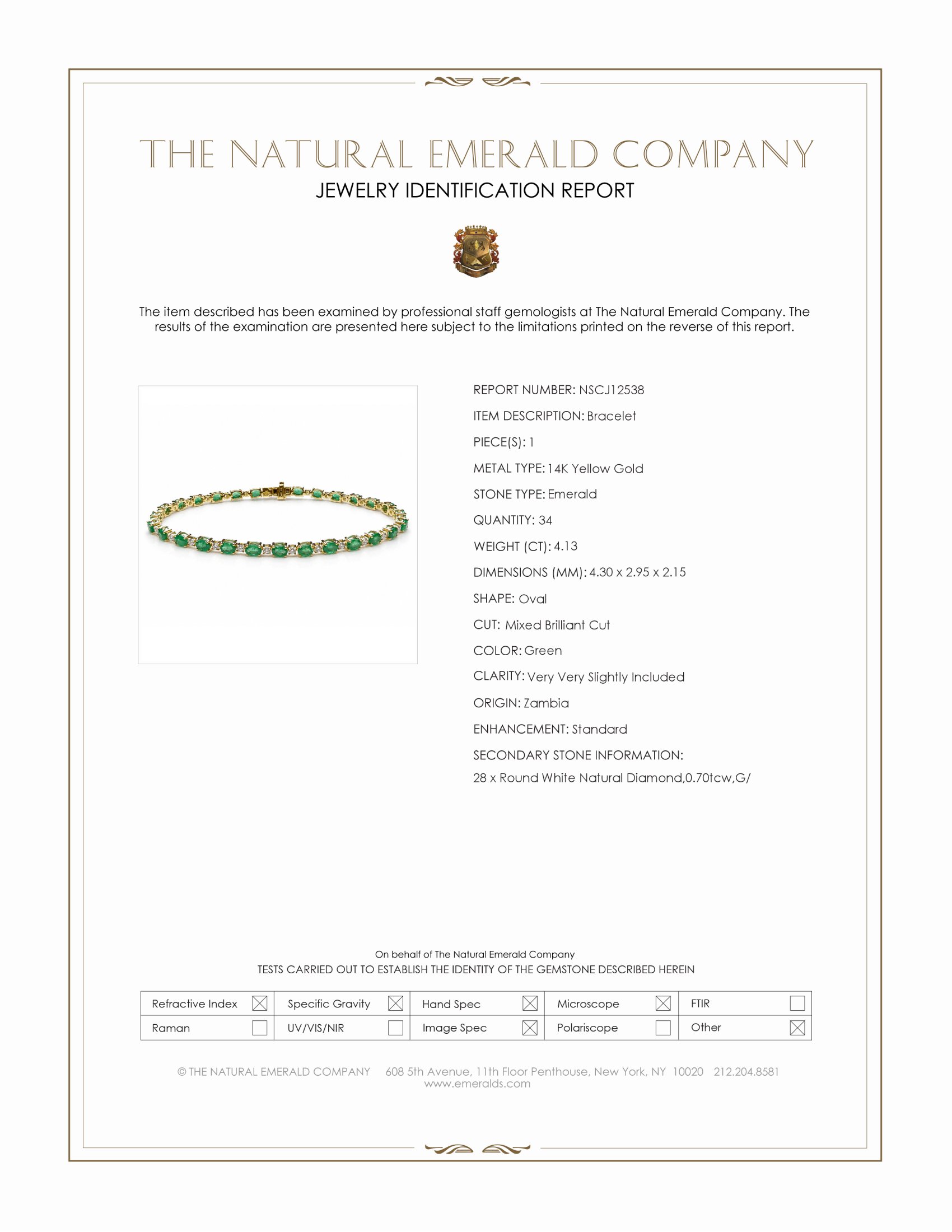 4.83 Ct.Tw. Emerald and Natural Diamond Tennis/Line Bracelet, 14K Yellow Gold