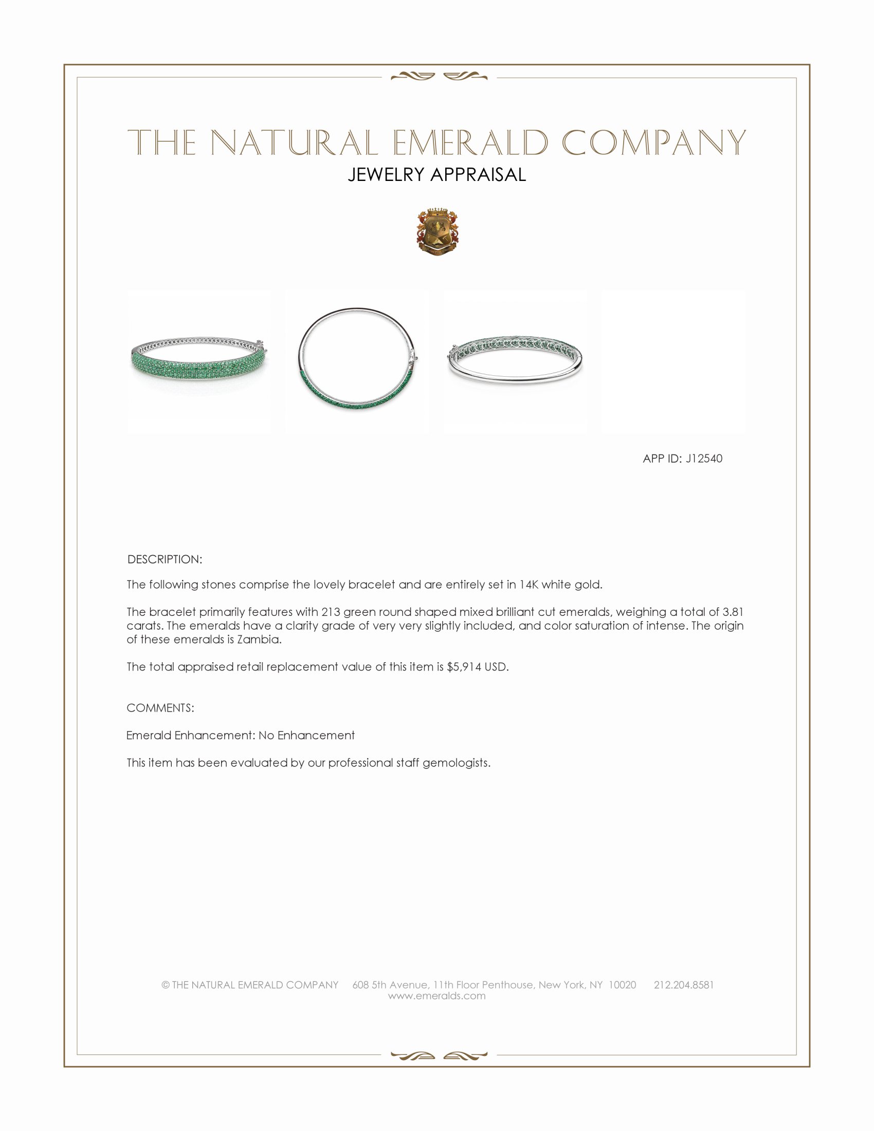 3.81 Ct.Tw. Emerald Bangle Bracelet, 14K White Gold