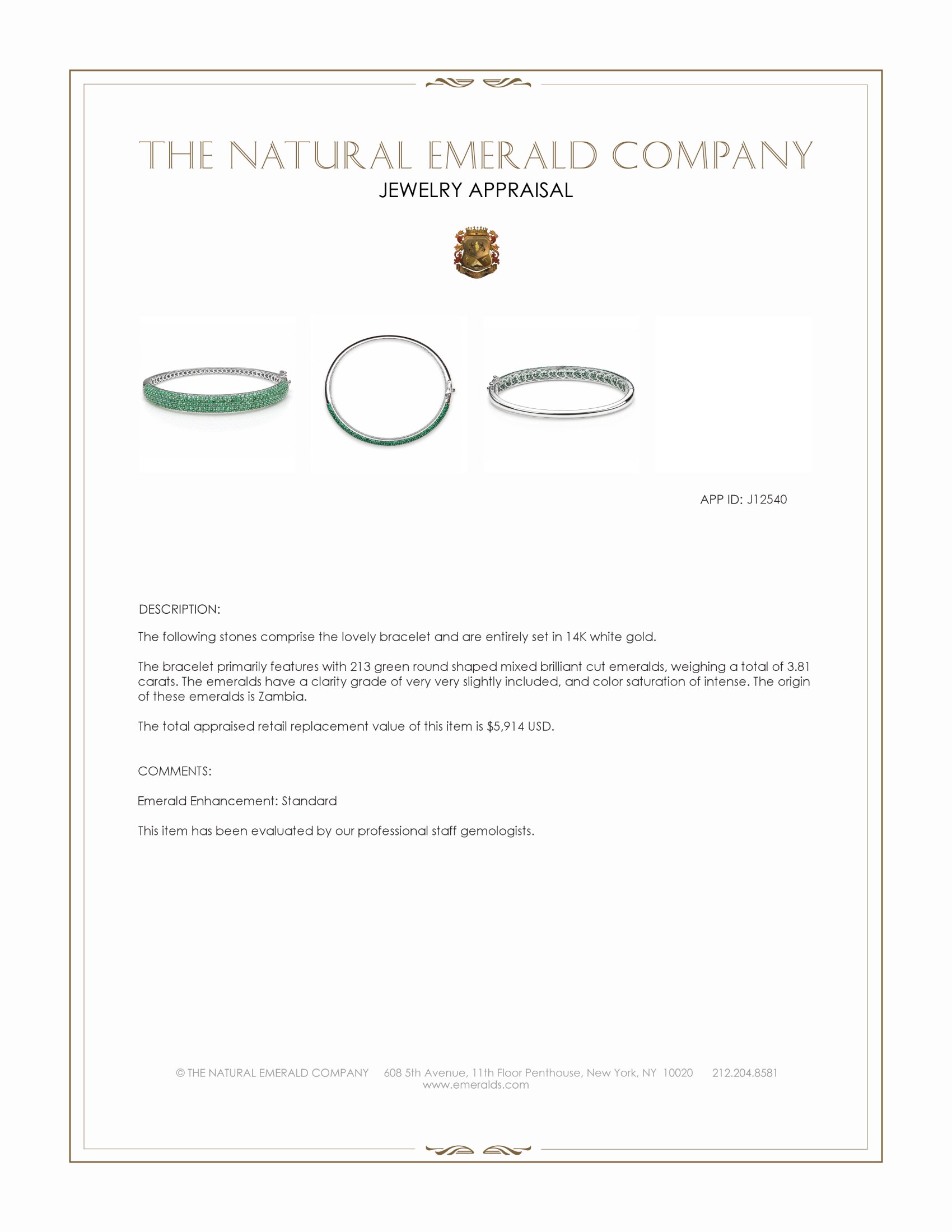 3.81 Ct.Tw. Emerald Bangle Bracelet, 14K White Gold