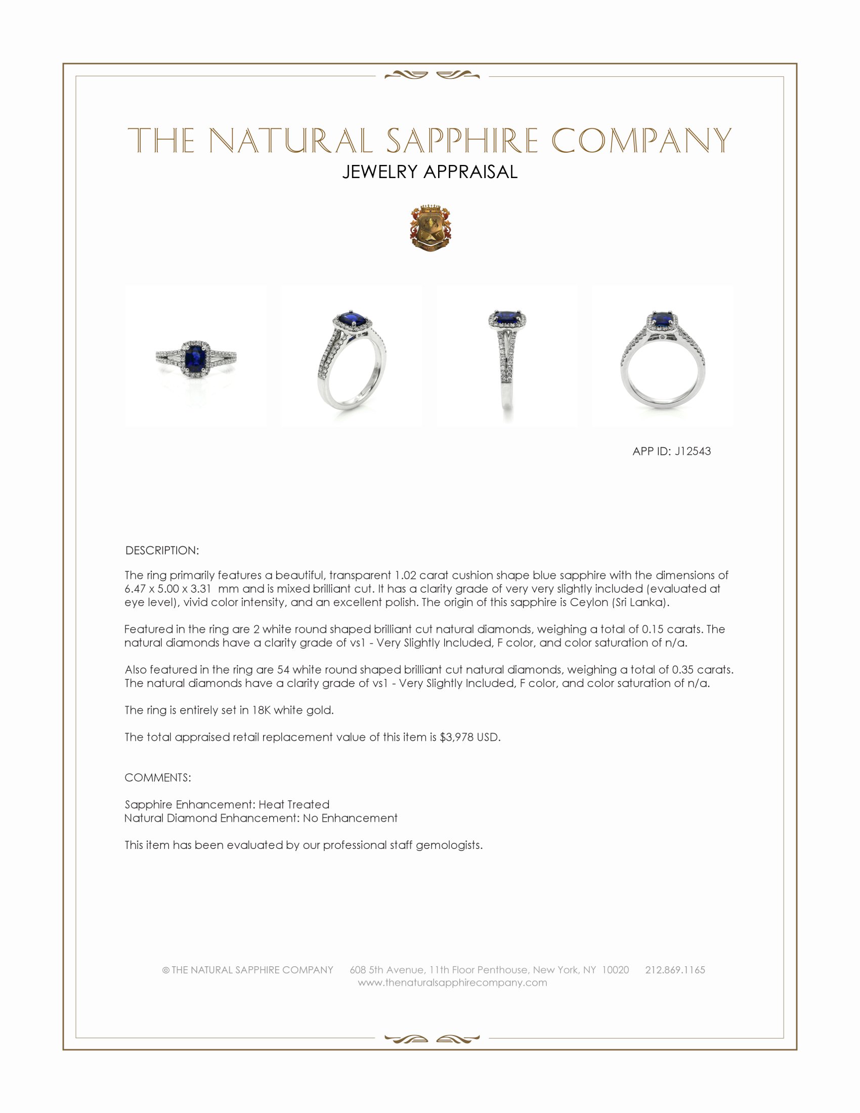 1.02 Ct. Blue Sapphire and Natural Diamond Pave Ring, 18K White Gold