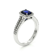 1.02 Ct. Blue Sapphire and Natural Diamond Pave Ring, 18K White Gold Image