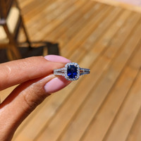 1.02 Ct. Blue Sapphire and Natural Diamond Pave Ring, 18K White Gold Life Style