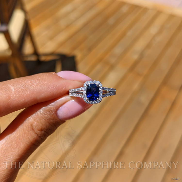 1.02 Ct. Blue Sapphire and Natural Diamond Pave Ring, 18K White Gold