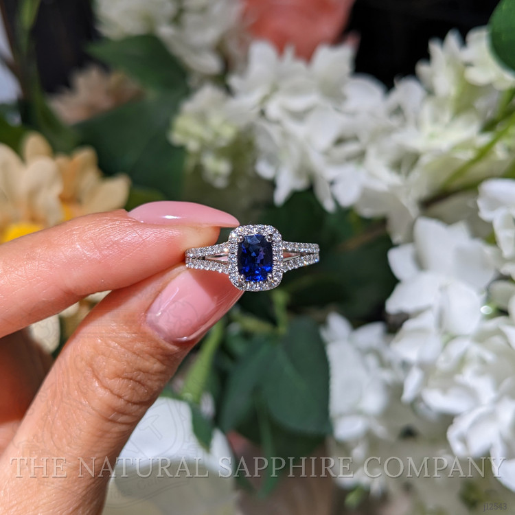 1.02 Ct. Blue Sapphire and Natural Diamond Pave Ring, 18K White Gold