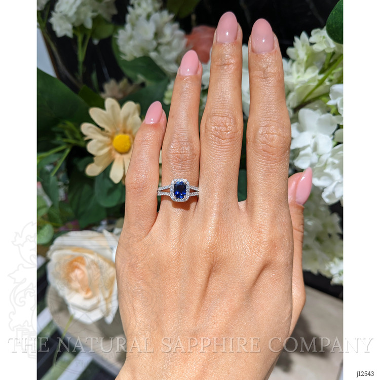 1.02 Ct. Blue Sapphire and Natural Diamond Pave Ring, 18K White Gold
