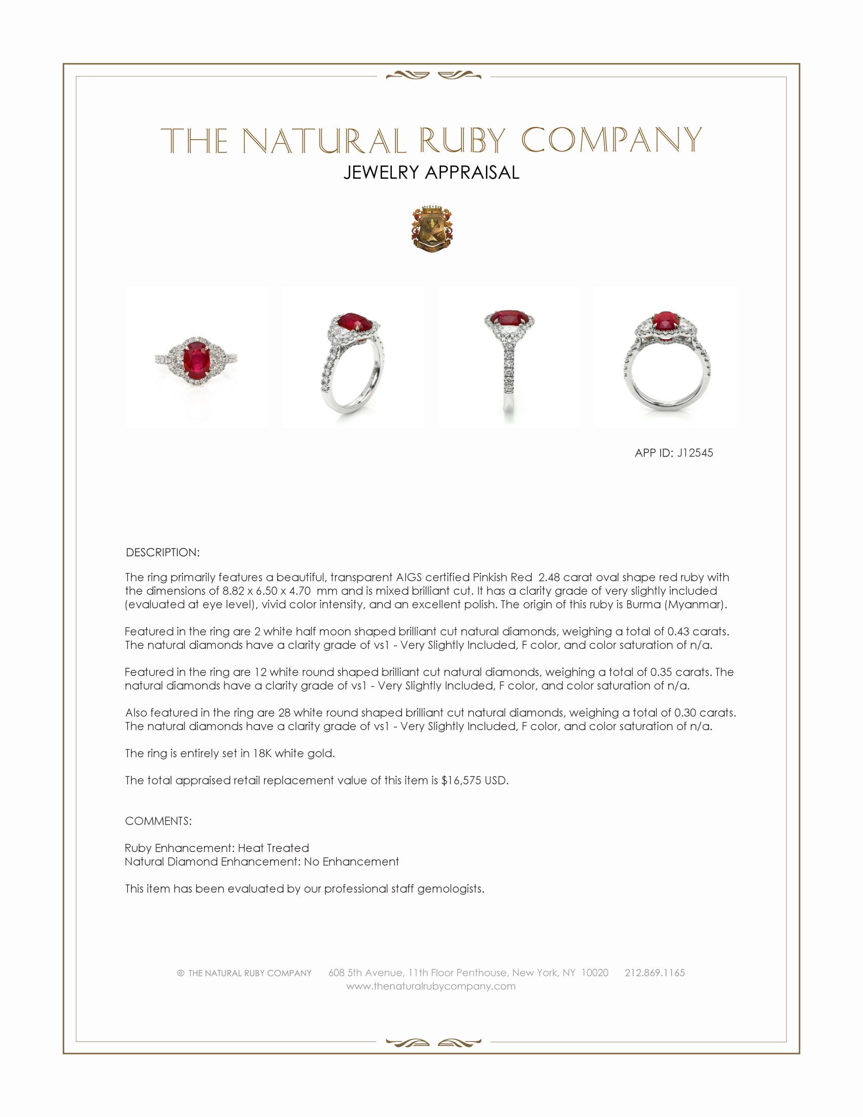 2.48 Ct. Ruby and Natural Diamond Pave Ring, 18K White Gold