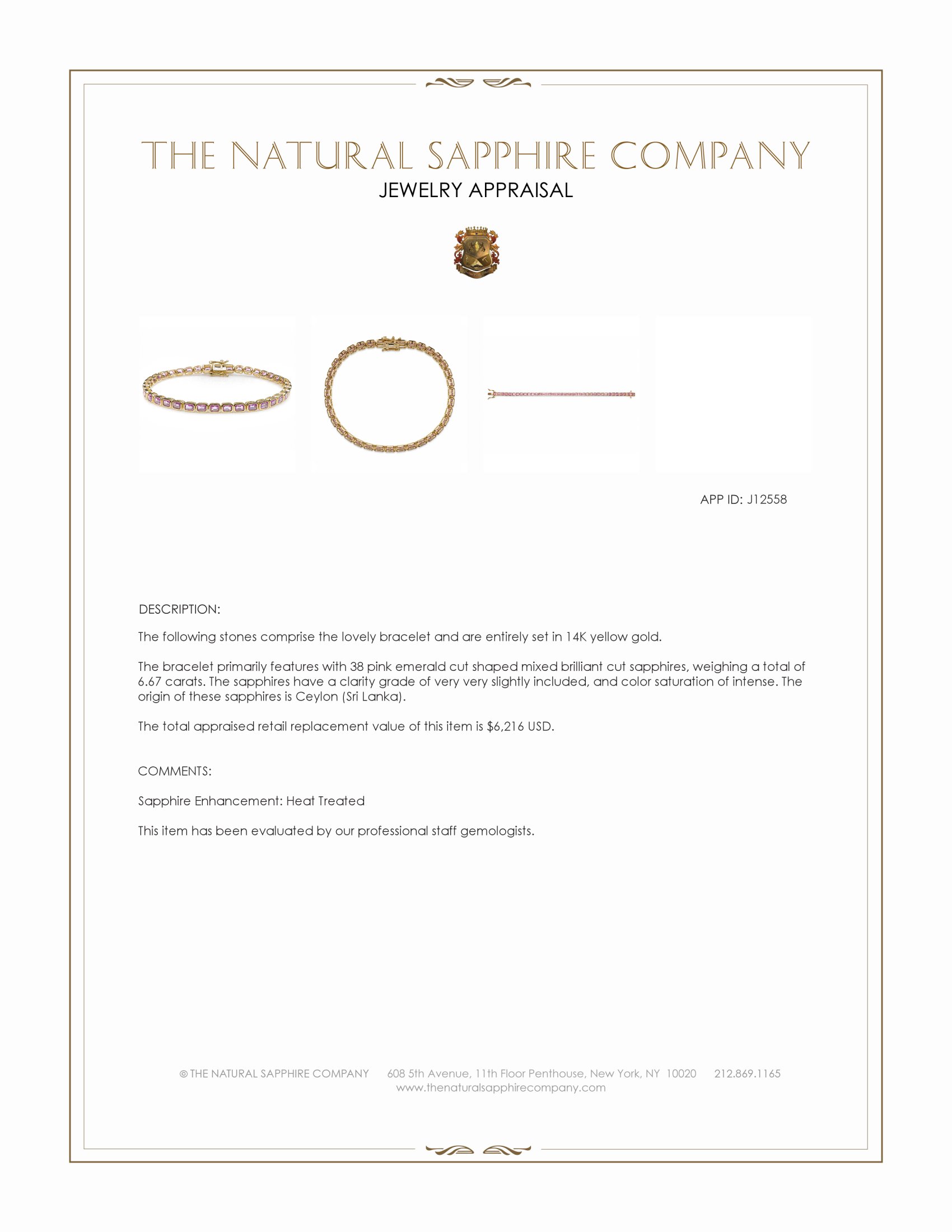 6.67 Ct.Tw. Pink Sapphire Tennis/Line Bracelet, 14K Yellow Gold