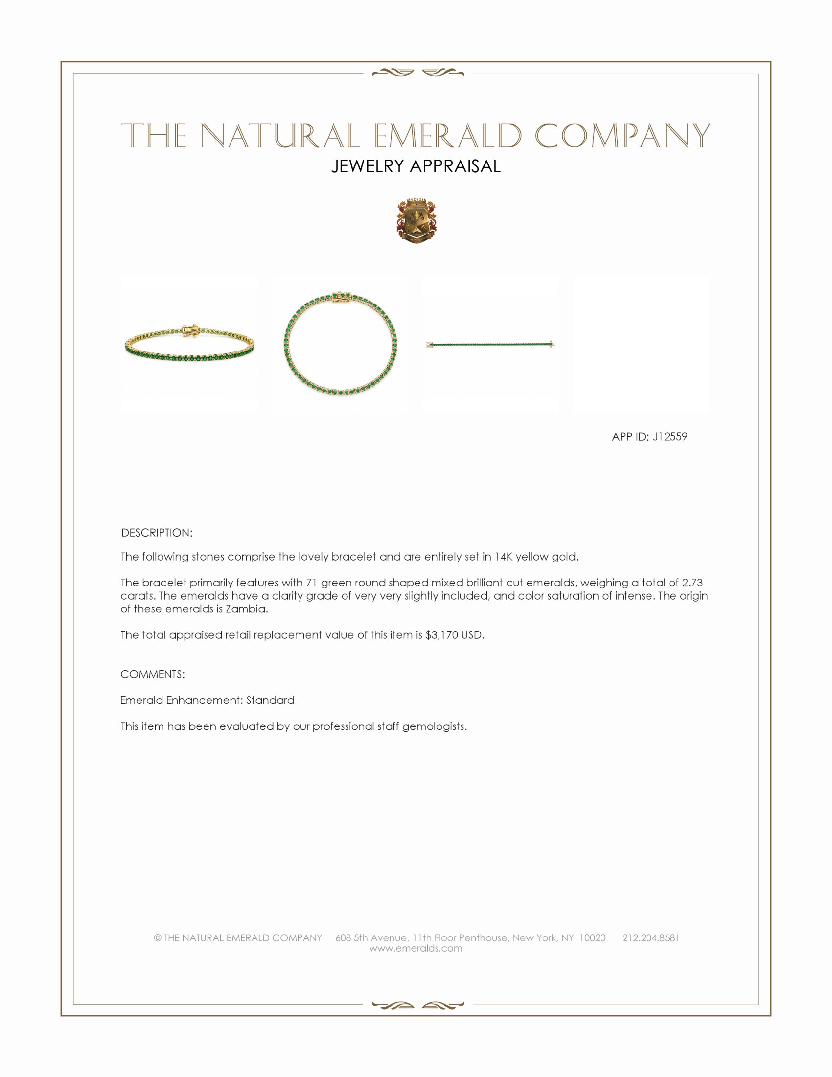 2.73 Ct.Tw. Emerald Tennis/Line Bracelet, 14K Yellow Gold