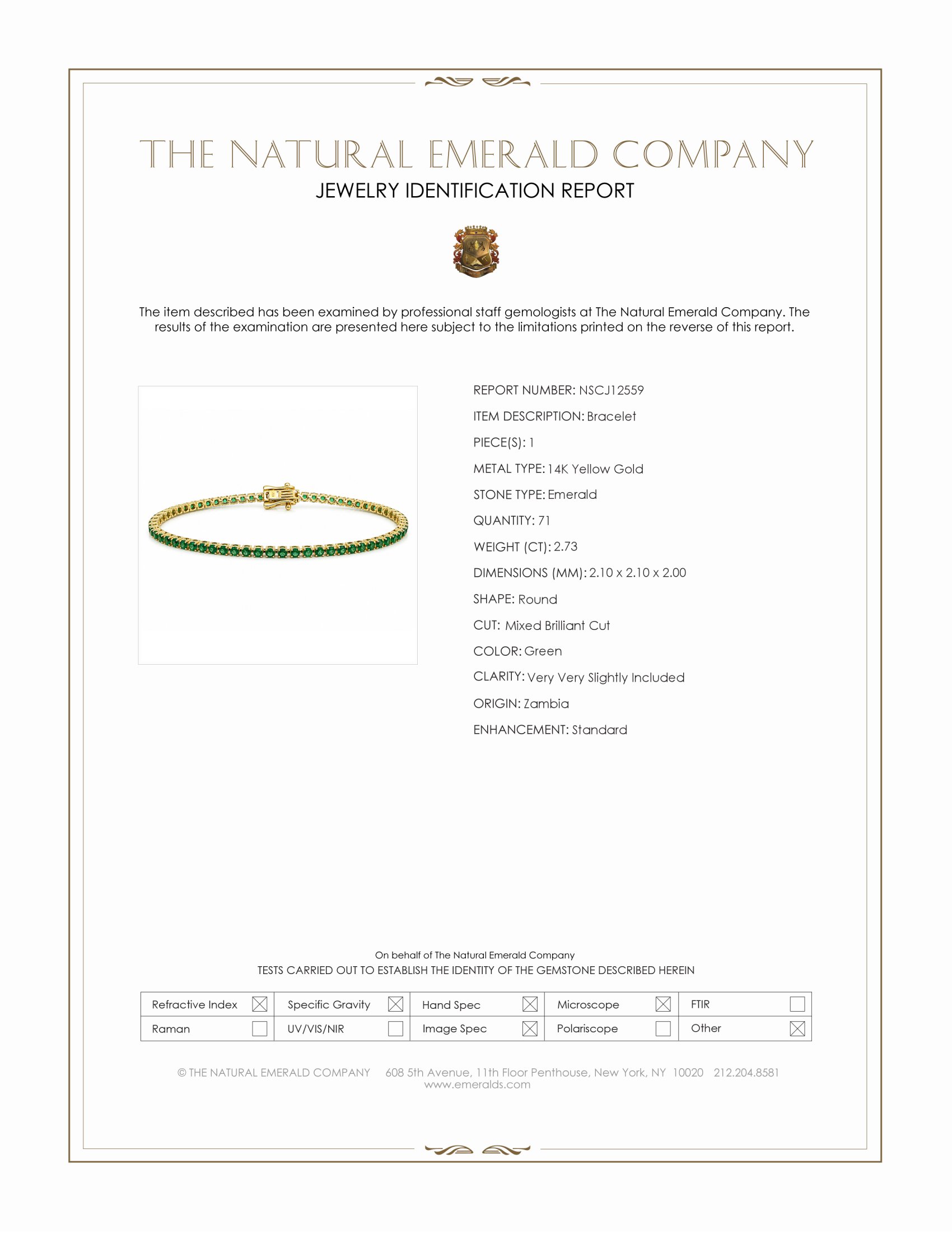 2.73 Ct.Tw. Emerald Tennis/Line Bracelet, 14K Yellow Gold