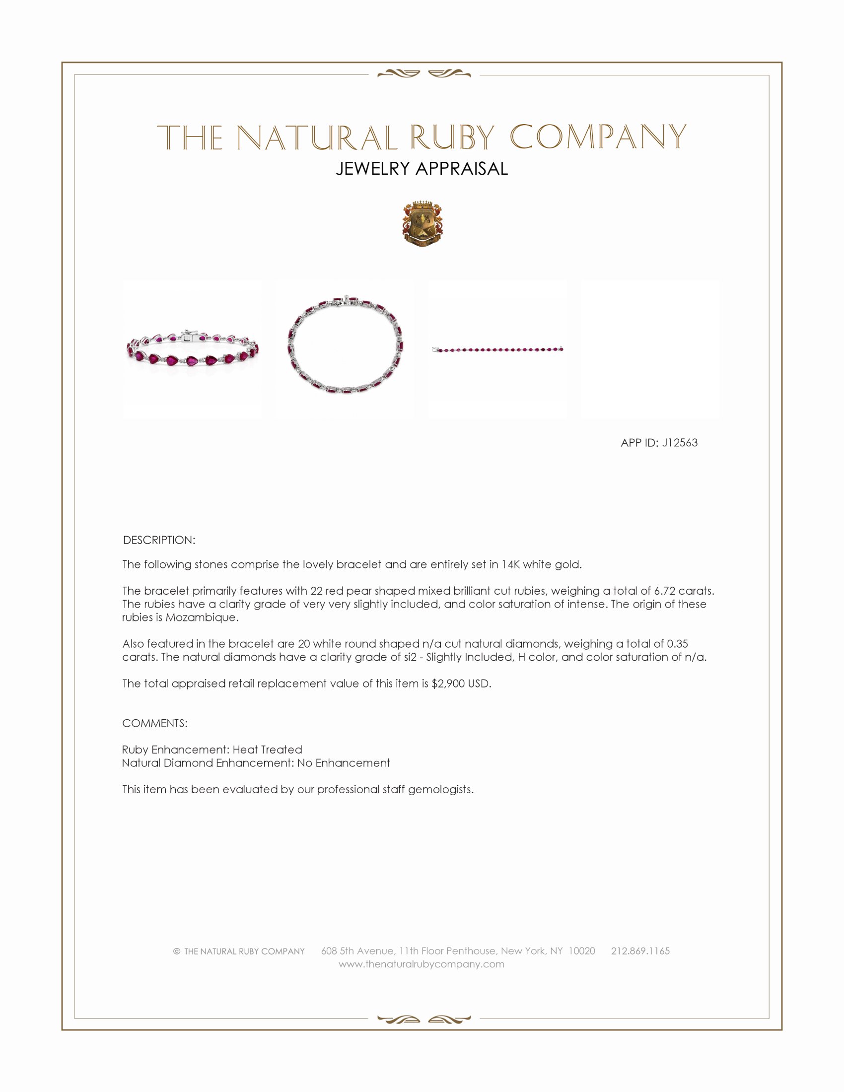 6.72 Ct.Tw. Ruby and Natural Diamond Solitaire Bracelet, 14K White Gold