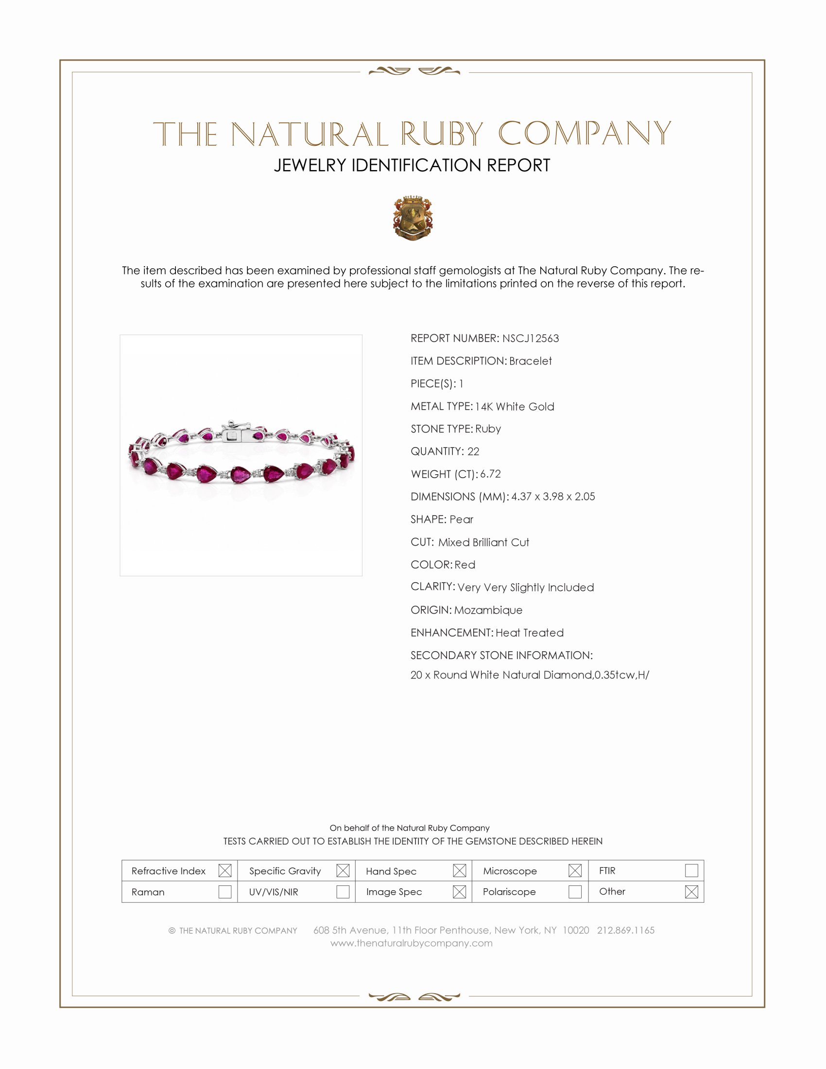 6.72 Ct.Tw. Ruby and Natural Diamond Solitaire Bracelet, 14K White Gold