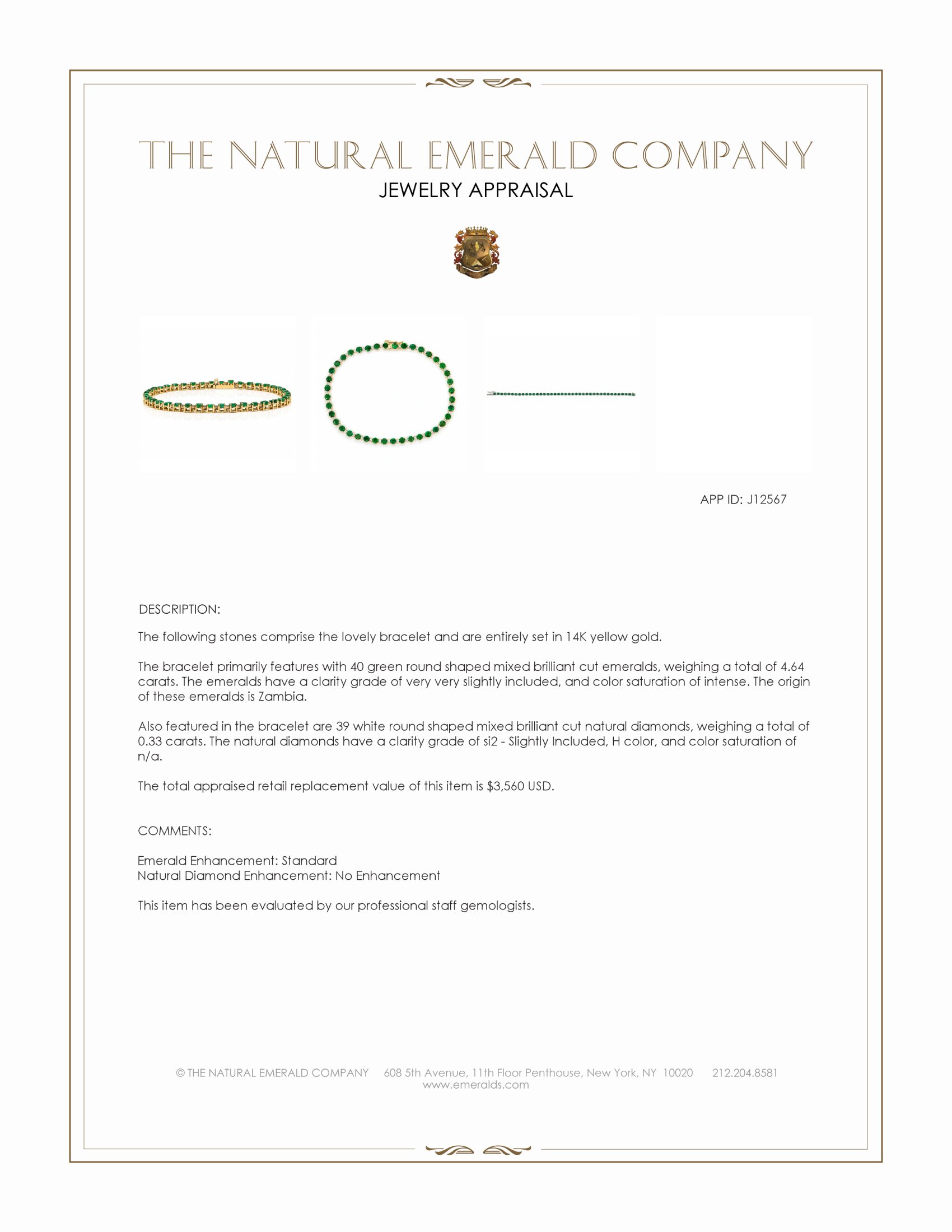 4.64 Ct.Tw. Emerald and Natural Diamond Tennis/Line Bracelet, 14K Yellow Gold